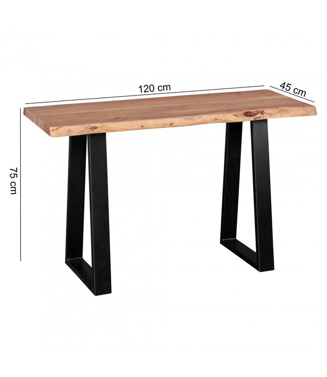 Wohnling Console tafel GAYA massief acaciahout, bureau 120 cm breed in landelijke stijl, make-uptafel met design, secretaire met 2 metalen poten, echt houten console met boomrand, tafelconsole