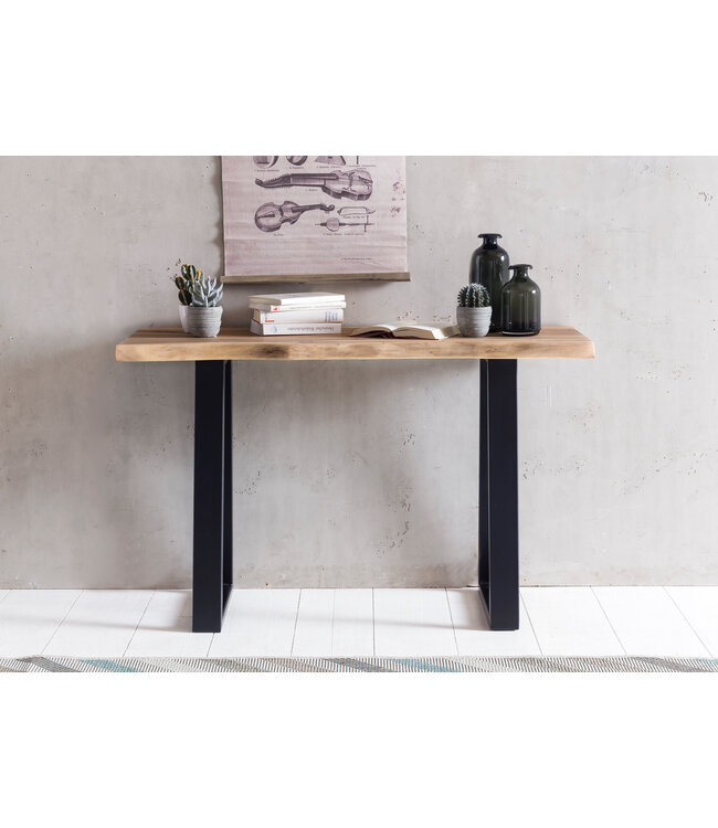 Wohnling Console tafel GAYA massief acaciahout, bureau 120 cm breed in landelijke stijl, make-uptafel met design, secretaire met 2 metalen poten, echt houten console met boomrand, tafelconsole