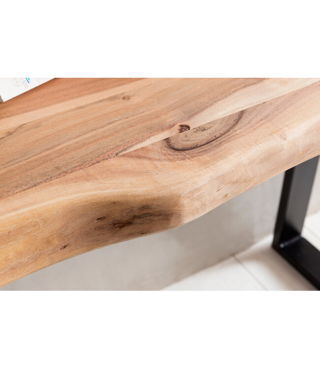 Wohnling Console tafel GAYA massief acaciahout, bureau 120 cm breed in landelijke stijl, make-uptafel met design, secretaire met 2 metalen poten, echt houten console met boomrand, tafelconsole