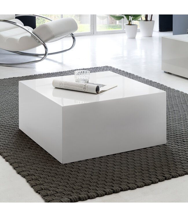 Wohnling salontafel MONOBLOC 60 x 60 x 30 cm hoogglans MDF wit gelakt | Design woonkamertafel Cube vierkant | Lounge bijzettafel kubusvorm
