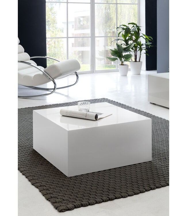 Wohnling salontafel MONOBLOC 60 x 60 x 30 cm hoogglans MDF wit gelakt | Design woonkamertafel Cube vierkant | Lounge bijzettafel kubusvorm