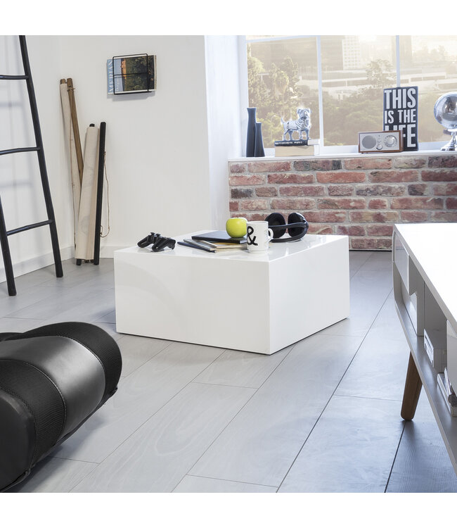 Wohnling salontafel MONOBLOC 60 x 60 x 30 cm hoogglans MDF wit gelakt | Design woonkamertafel Cube vierkant | Lounge bijzettafel kubusvorm