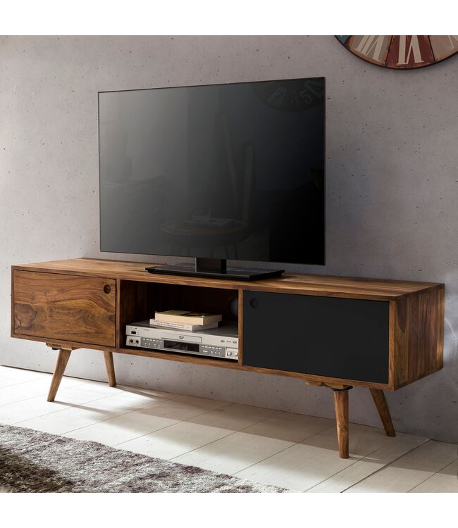 Wohnling TV lowboard REPA 140 cm massief hout Sheesham landhuis 2 deuren & compartiment | HiFi plank bruin / zwart 4 voet | TV dressoir vintage
