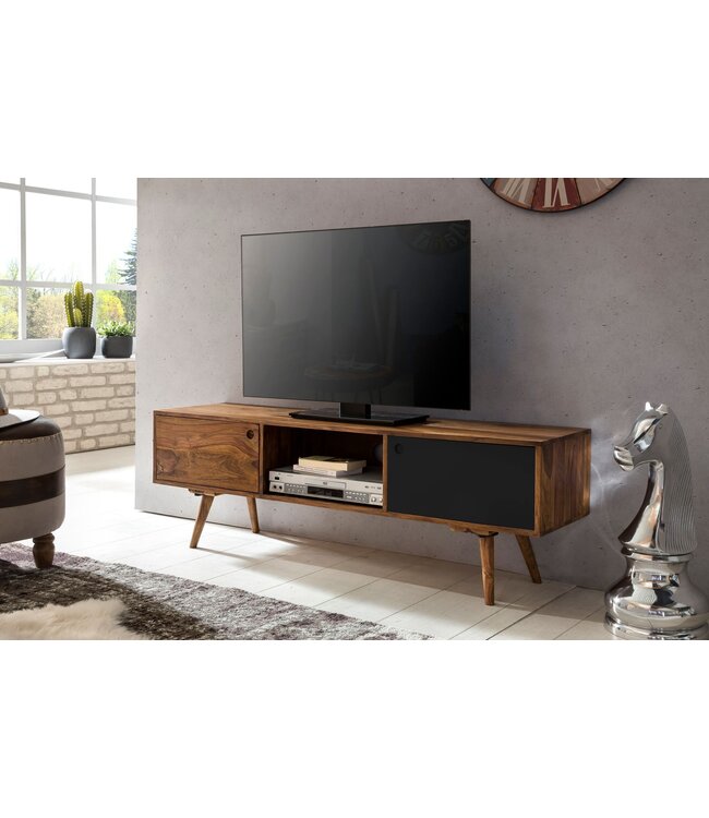 Wohnling TV lowboard REPA 140 cm massief hout Sheesham landhuis 2 deuren & compartiment | HiFi plank bruin / zwart 4 voet | TV dressoir vintage