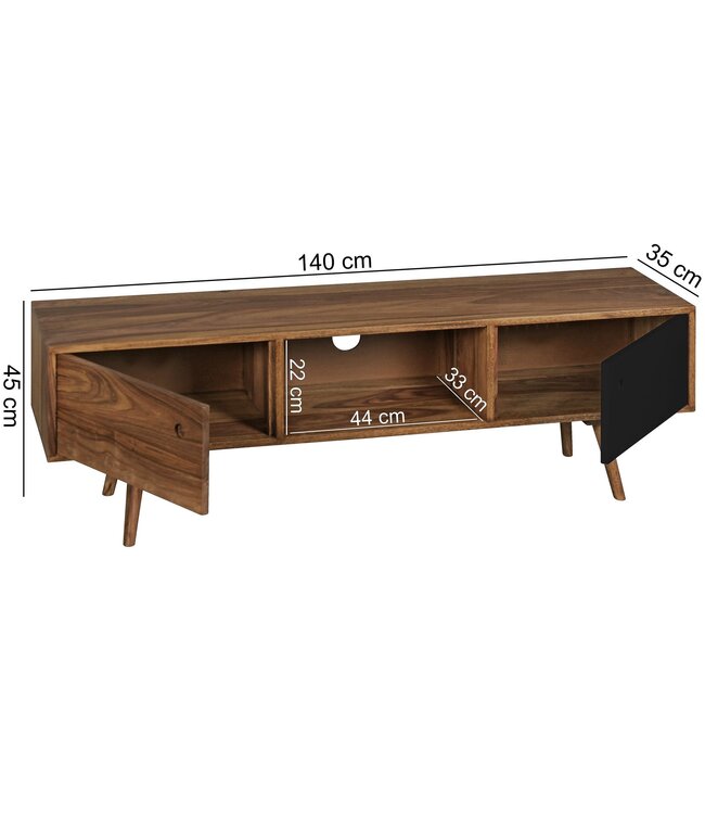 Wohnling TV lowboard REPA 140 cm massief hout Sheesham landhuis 2 deuren & compartiment | HiFi plank bruin / zwart 4 voet | TV dressoir vintage