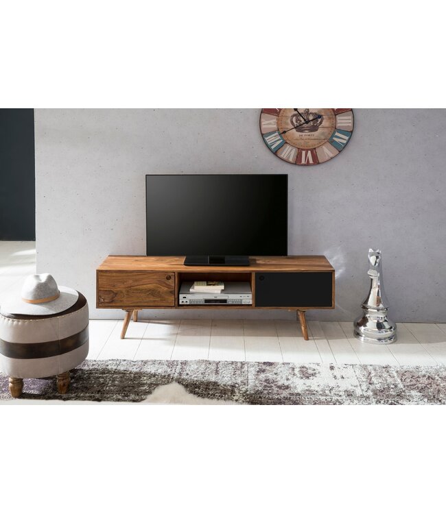 Wohnling TV lowboard REPA 140 cm massief hout Sheesham landhuis 2 deuren & compartiment | HiFi plank bruin / zwart 4 voet | TV dressoir vintage