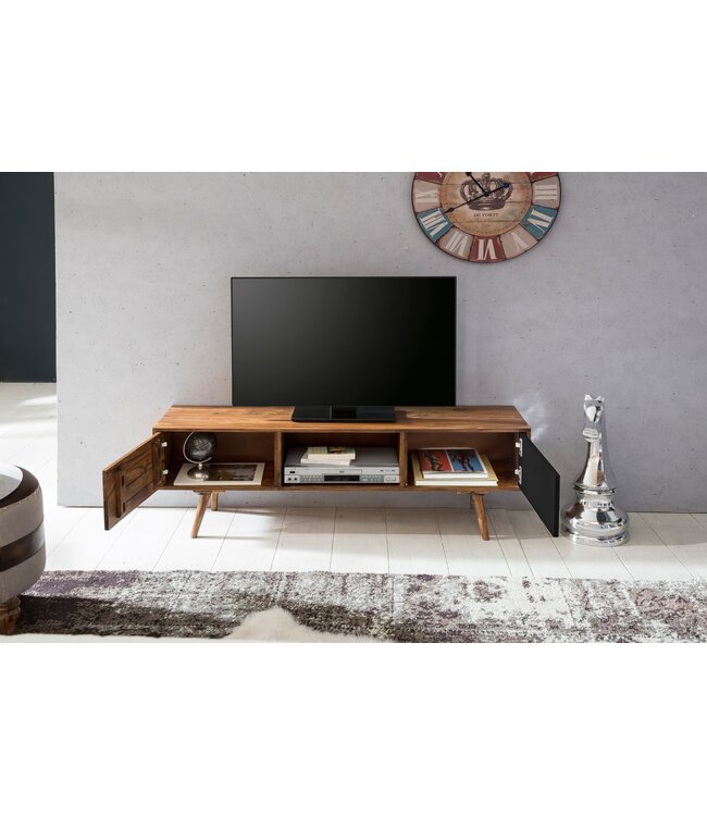 Wohnling TV lowboard REPA 140 cm massief hout Sheesham landhuis 2 deuren & compartiment | HiFi plank bruin / zwart 4 voet | TV dressoir vintage