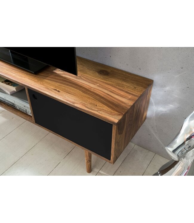 Wohnling TV lowboard REPA 140 cm massief hout Sheesham landhuis 2 deuren & compartiment | HiFi plank bruin / zwart 4 voet | TV dressoir vintage