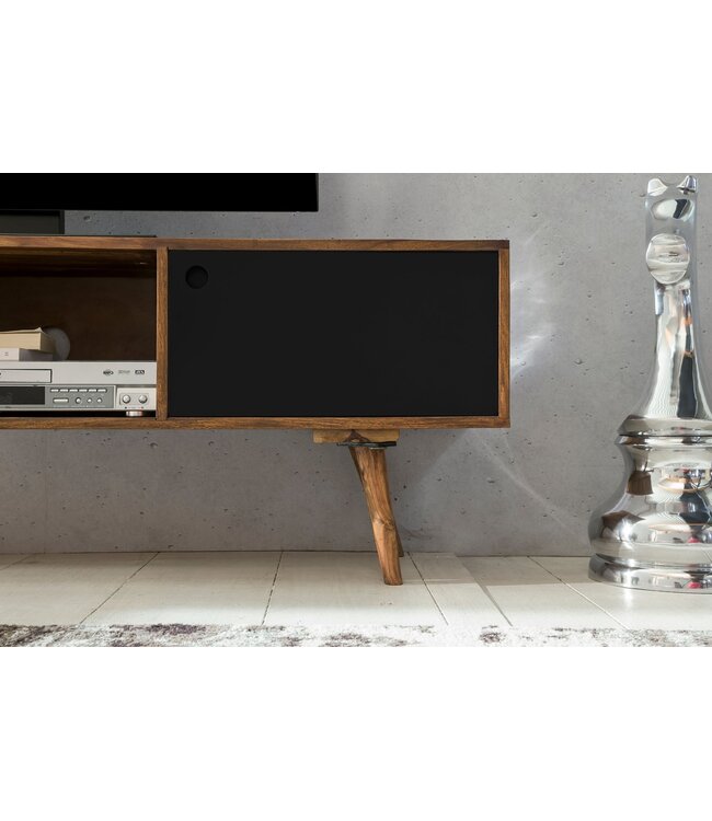 Wohnling TV lowboard REPA 140 cm massief hout Sheesham landhuis 2 deuren & compartiment | HiFi plank bruin / zwart 4 voet | TV dressoir vintage
