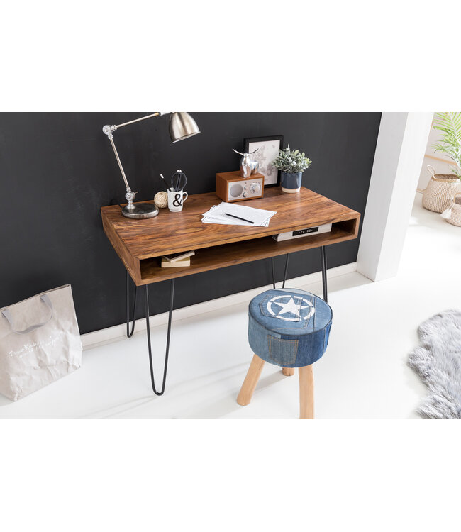Wohnling bureau Bagli bruin 110 x 60 x 76 cm massief houten laptop tafel Sheesham Nature | Landelijke stijl bureau met 1 berging keer | Kantoor tafel Pc-tafel