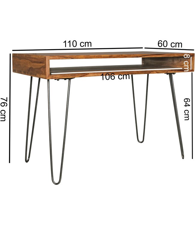 Wohnling bureau Bagli bruin 110 x 60 x 76 cm massief houten laptop tafel Sheesham Nature | Landelijke stijl bureau met 1 berging keer | Kantoor tafel Pc-tafel