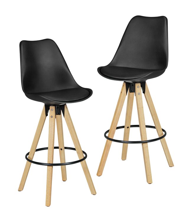 Wohnling 2 Set  LIMA zwart retro design  hout met rugleuning | Design Barstoel Retro Scandinavisch 2 stuks | Aanrecht hoogte zithoogte 77 cm