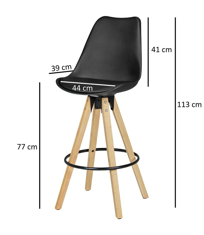 Wohnling 2 Set  LIMA zwart retro design  hout met rugleuning | Design Barstoel Retro Scandinavisch 2 stuks | Aanrecht hoogte zithoogte 77 cm