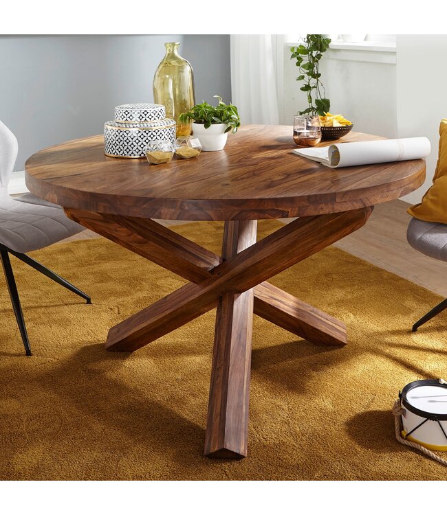 Wohnling ontwerp Eettafel rond Ø 120 cm x 75 cm massief hout Sheesham | Cottage eettafel 4 personen | Keuken tafel voor eetkamer tafel bruin