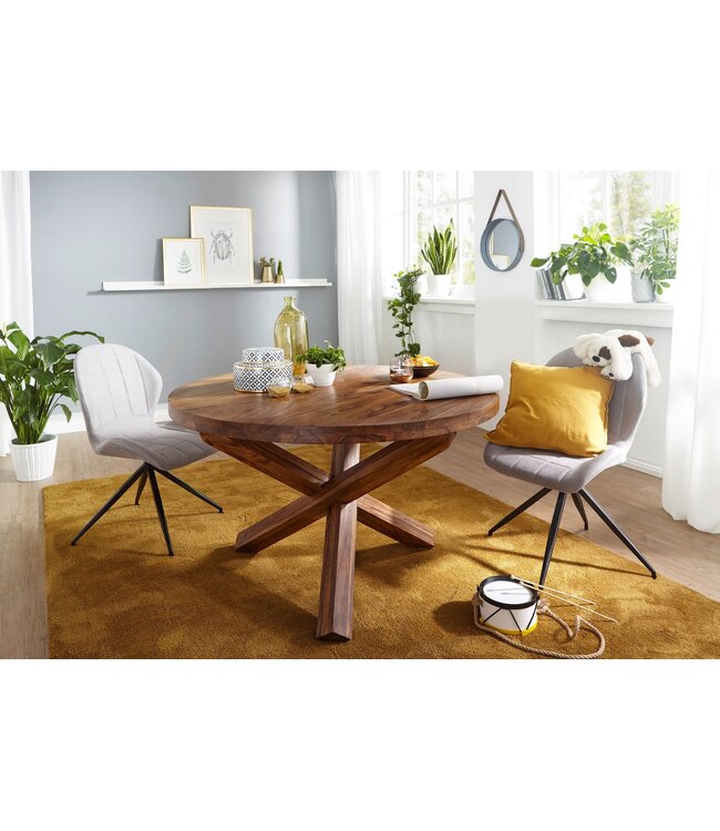 Wohnling ontwerp Eettafel rond Ø 120 cm x 75 cm massief hout Sheesham | Cottage eettafel 4 personen | Keuken tafel voor eetkamer tafel bruin