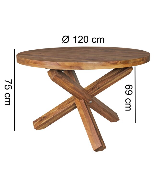 Wohnling ontwerp Eettafel rond Ø 120 cm x 75 cm massief hout Sheesham | Cottage eettafel 4 personen | Keuken tafel voor eetkamer tafel bruin