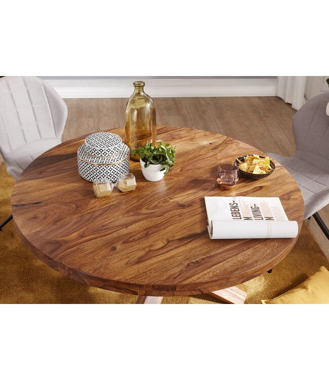 Wohnling ontwerp Eettafel rond Ø 120 cm x 75 cm massief hout Sheesham | Cottage eettafel 4 personen | Keuken tafel voor eetkamer tafel bruin