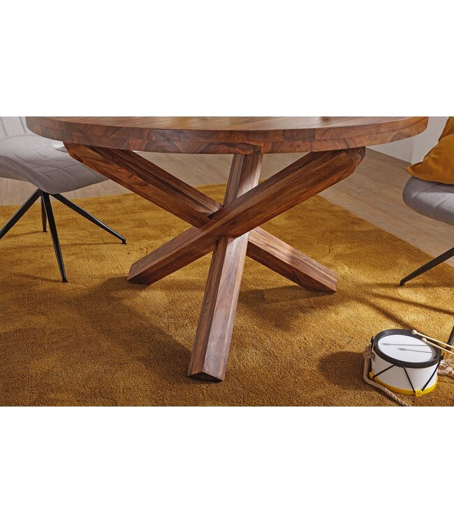 Wohnling ontwerp Eettafel rond Ø 120 cm x 75 cm massief hout Sheesham | Cottage eettafel 4 personen | Keuken tafel voor eetkamer tafel bruin