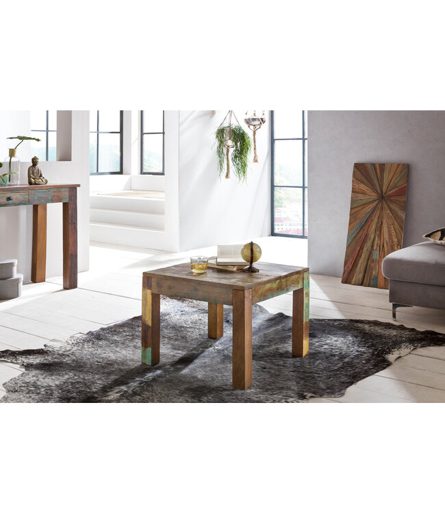Wohnling salontafel DELHI 60 x 60 cm recycling Vintage massief houten salontafel | Ontwerp bijzettafel Country House salontafel | Tafel voor Living Room Shabby Chic in mangoboom