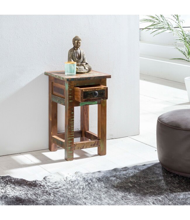Wohnling tafel DELHI 30 x 30 x 50 cm massief houten nachtkastje met opslag & schuiflade | Night Shabby chic | Nachtschrank Mango gerecycled hout boot