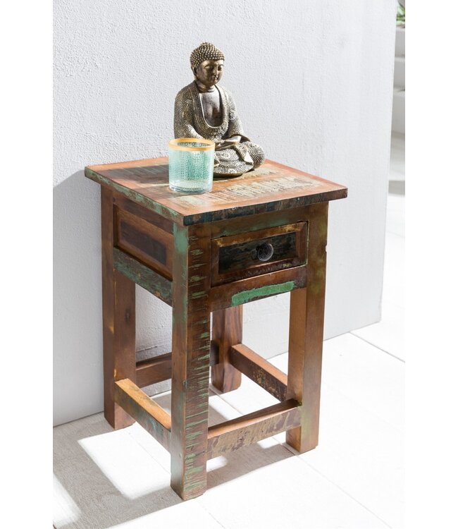 Wohnling tafel DELHI 30 x 30 x 50 cm massief houten nachtkastje met opslag & schuiflade | Night Shabby chic | Nachtschrank Mango gerecycled hout boot