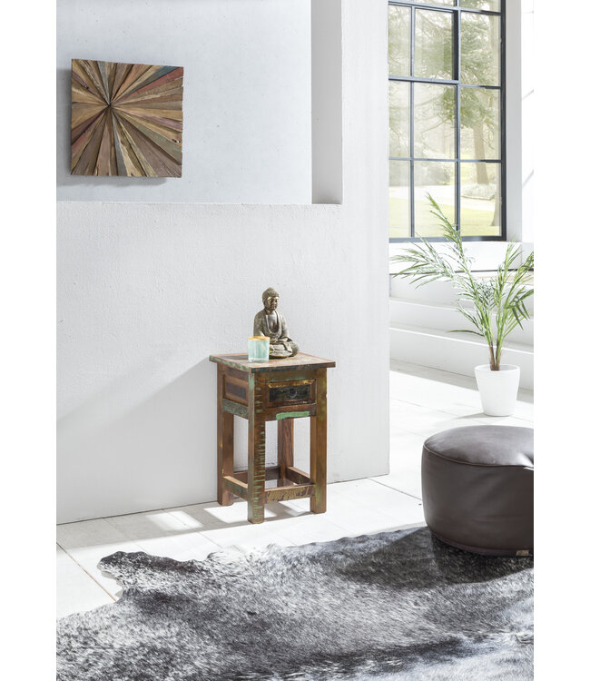 Wohnling tafel DELHI 30 x 30 x 50 cm massief houten nachtkastje met opslag & schuiflade | Night Shabby chic | Nachtschrank Mango gerecycled hout boot