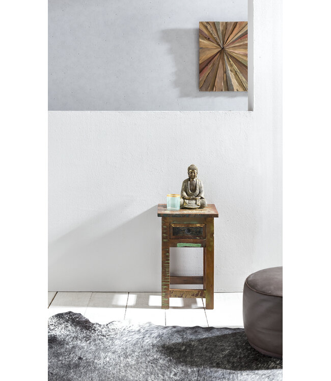 Wohnling tafel DELHI 30 x 30 x 50 cm massief houten nachtkastje met opslag & schuiflade | Night Shabby chic | Nachtschrank Mango gerecycled hout boot