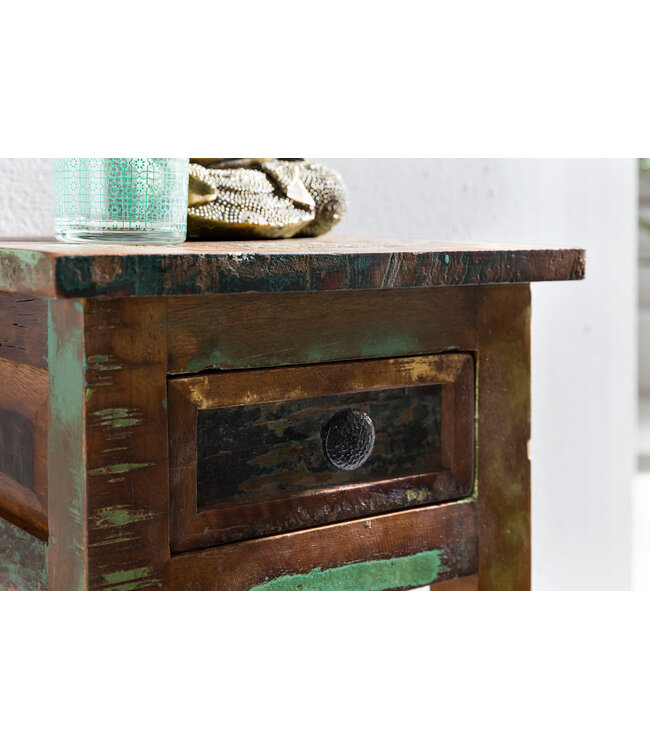 Wohnling tafel DELHI 30 x 30 x 50 cm massief houten nachtkastje met opslag & schuiflade | Night Shabby chic | Nachtschrank Mango gerecycled hout boot