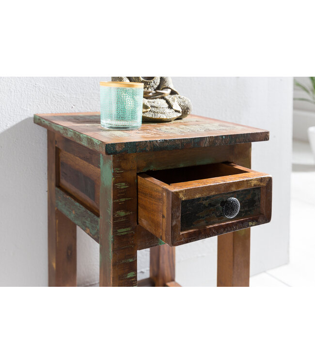 Wohnling tafel DELHI 30 x 30 x 50 cm massief houten nachtkastje met opslag & schuiflade | Night Shabby chic | Nachtschrank Mango gerecycled hout boot