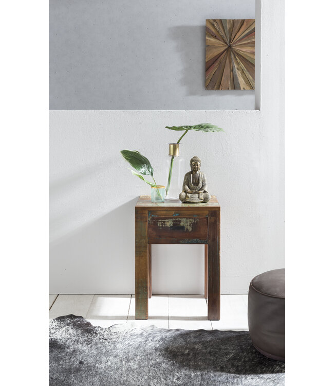 Wohnling Shabby Chic nachtkastje / nachtkastje mangoboom DELHI lade met donker bruin | Ontwerp nachtkastje 40 x 40 x 55 cm | Kleine bijzettafel Living
