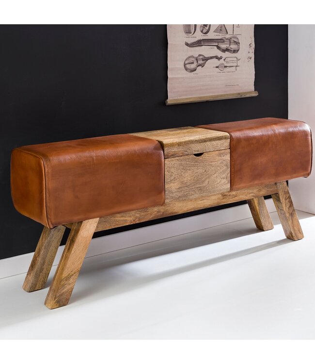 Wohnling Ontwerp Turn Bock Bench Brown Opbergruimte 120 x 29 x 53 cm | Draai voetbank gemaakt van echt leer vouwen compartiment | Kruk Garderobebank Kruk gymnastiek- bank