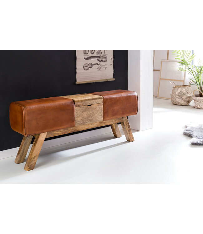 Wohnling Ontwerp Turn Bock Bench Brown Opbergruimte 120 x 29 x 53 cm | Draai voetbank gemaakt van echt leer vouwen compartiment | Kruk Garderobebank Kruk gymnastiek- bank