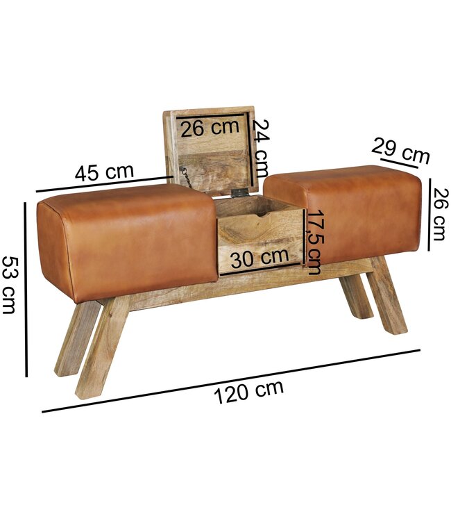 Wohnling Ontwerp Turn Bock Bench Brown Opbergruimte 120 x 29 x 53 cm | Draai voetbank gemaakt van echt leer vouwen compartiment | Kruk Garderobebank Kruk gymnastiek- bank