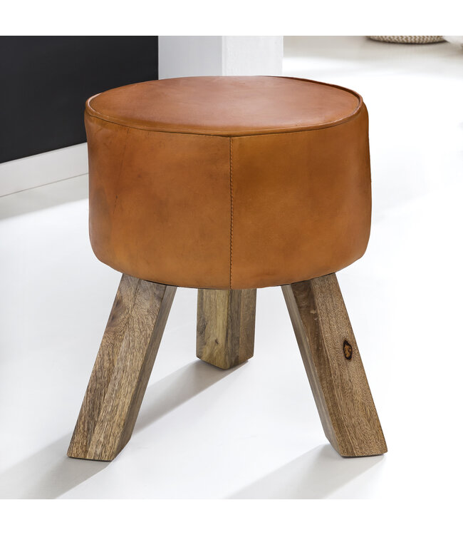 Wohnling Ontwerp Draai Bock Kruk Bruin leer 37 x 37 x 45 cm | Draai krukken met houten poten lederen stoelen | Kruk gymnastiek bank