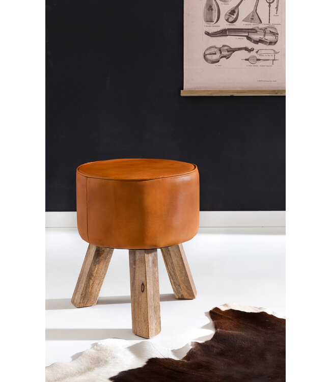 Wohnling Ontwerp Draai Bock Kruk Bruin leer 37 x 37 x 45 cm | Draai krukken met houten poten lederen stoelen | Kruk gymnastiek bank