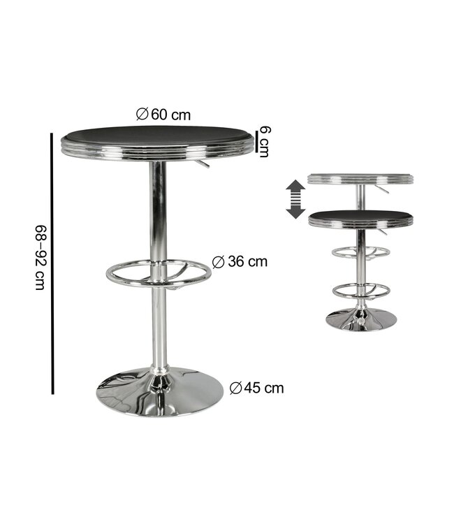 Wohnling American Diner Bar tafel ELVIS rond Ø 60 cm aluminium imitatieleer | Retro bartafel VS in Zwart / Zilver | Robuuste bistro tafel in de stijl van de jaren '50 | Party tafel met basis in verchroomd aluminium