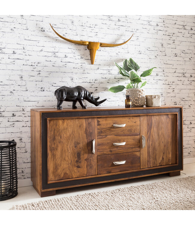 Wohnling Ontwerp dressoir KARAN Sheesham massief hout met kunstleer 160x44x80 cm | Dressoir in een rustieke, landelijke stijl | Chest met lades en deuren