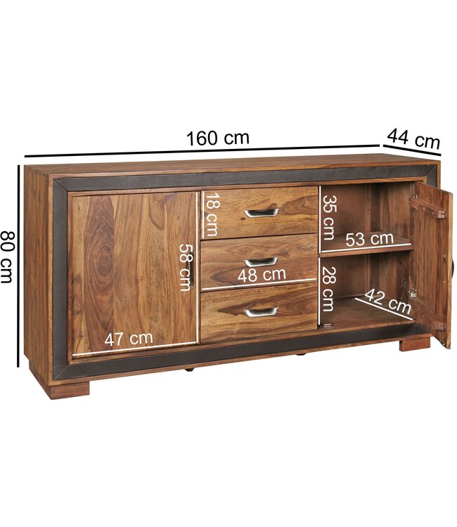 Wohnling Ontwerp dressoir KARAN Sheesham massief hout met kunstleer 160x44x80 cm | Dressoir in een rustieke, landelijke stijl | Chest met lades en deuren