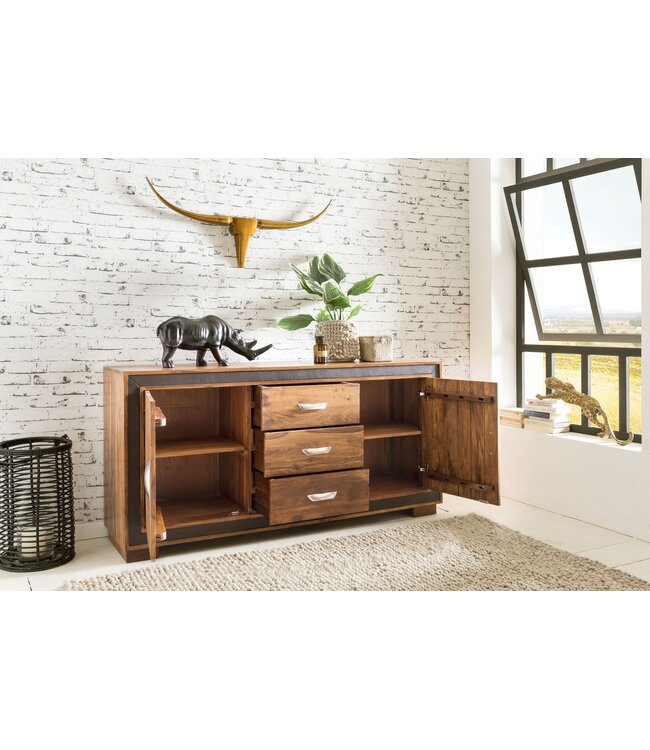 Wohnling Ontwerp dressoir KARAN Sheesham massief hout met kunstleer 160x44x80 cm | Dressoir in een rustieke, landelijke stijl | Chest met lades en deuren