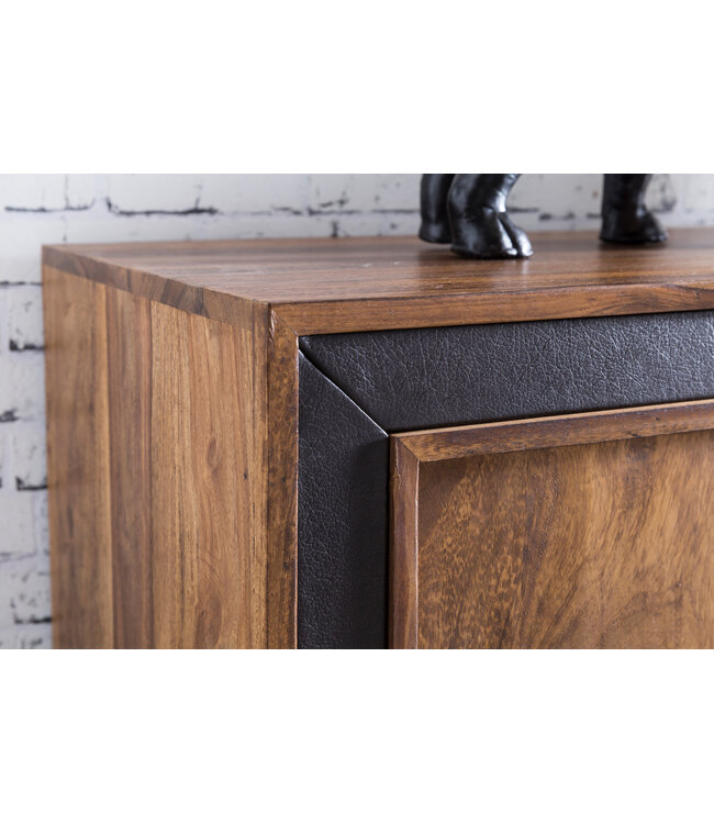 Wohnling Ontwerp dressoir KARAN Sheesham massief hout met kunstleer 160x44x80 cm | Dressoir in een rustieke, landelijke stijl | Chest met lades en deuren