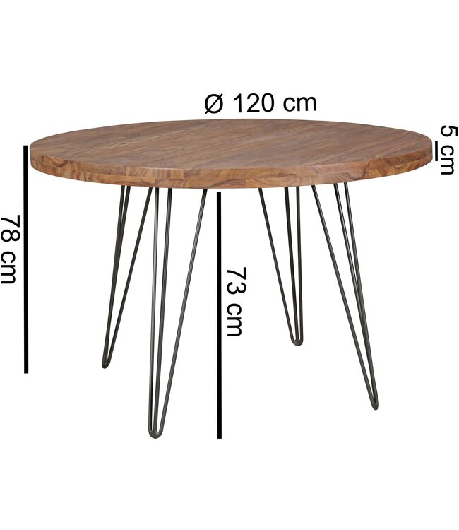 Wohnling ontwerp Eettafel Bagli rond Ø 120 x 78 cm sheesham massief hout | Cottage eettafel Brown | Tafel voor eetkamer keukentafel 4 personen