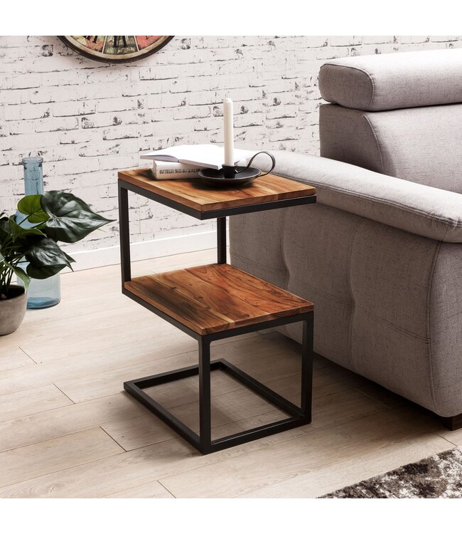 Wohnling bijzettafel AKOLA S-vorm massief hout Sheesham / metaal 45 x 60 x 30 cm | Design Salontafel Landelijke stijl | Anstellisch opbergmeubelvierkant