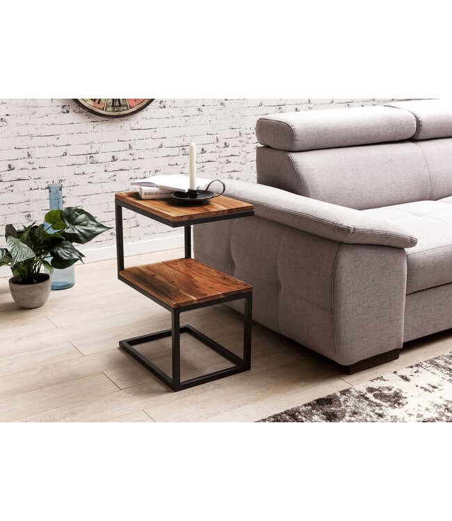 Wohnling bijzettafel AKOLA S-vorm massief hout Sheesham / metaal 45 x 60 x 30 cm | Design Salontafel Landelijke stijl | Anstellisch opbergmeubelvierkant