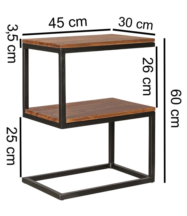 Wohnling bijzettafel AKOLA S-vorm massief hout Sheesham / metaal 45 x 60 x 30 cm | Design Salontafel Landelijke stijl | Anstellisch opbergmeubelvierkant