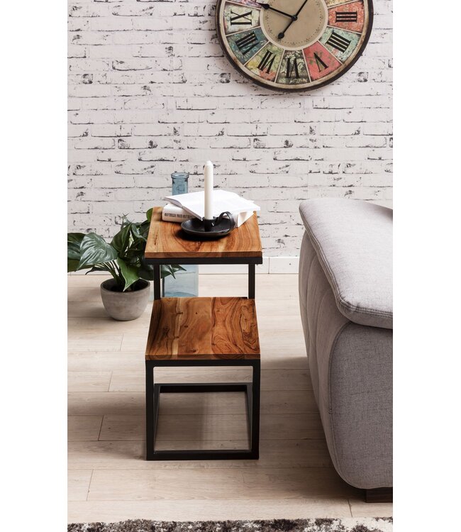 Wohnling bijzettafel AKOLA S-vorm massief hout Sheesham / metaal 45 x 60 x 30 cm | Design Salontafel Landelijke stijl | Anstellisch opbergmeubelvierkant