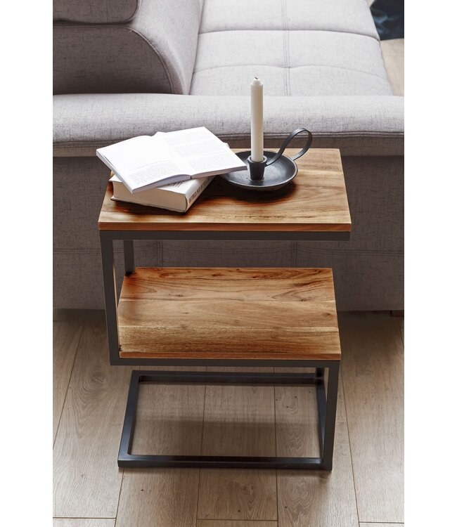 Wohnling bijzettafel AKOLA S-vorm massief hout Sheesham / metaal 45 x 60 x 30 cm | Design Salontafel Landelijke stijl | Anstellisch opbergmeubelvierkant