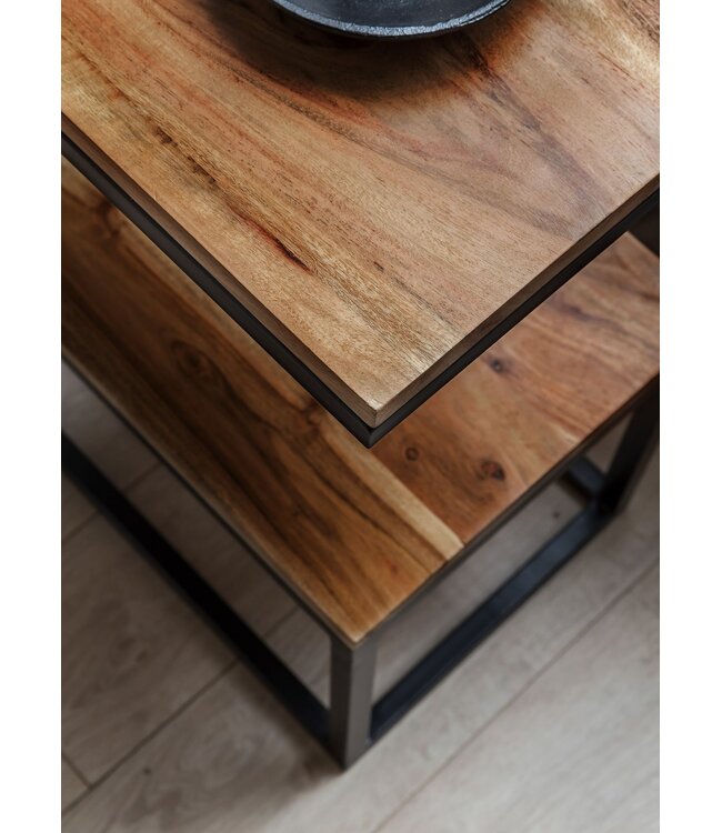 Wohnling bijzettafel AKOLA S-vorm massief hout Sheesham / metaal 45 x 60 x 30 cm | Design Salontafel Landelijke stijl | Anstellisch opbergmeubelvierkant