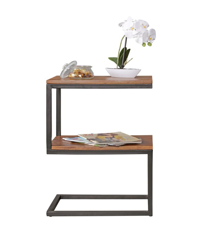 Wohnling bijzettafel AKOLA S-vorm massief hout Sheesham / metaal 45 x 60 x 30 cm | Design Salontafel Landelijke stijl | Anstellisch opbergmeubelvierkant
