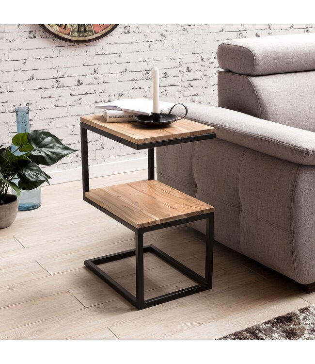Wohnling tafel AKOLA S-vorm massief hout acacia / metaal 45 x 60 x 30 cm | Design Salontafel Landelijke stijl | Anstellisch opbergmeubelvierkant