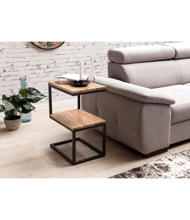Wohnling tafel AKOLA S-vorm massief hout acacia / metaal 45 x 60 x 30 cm | Design Salontafel Landelijke stijl | Anstellisch opbergmeubelvierkant